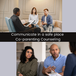 Multiple images of parents meeting with someone with a clipboard with the text “communicate in a safe place co-parenting counseling”. Learn more about coparenting counseling in Sacramento, CA by searching co parenting counseling Sacramento today.