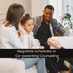 Parents sit with their child on a couch across from another person with the text “negotiate scheduled co-parenting counseling”. Learn more about how coparenting counseling in Sacramento, CA can offer support.