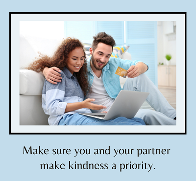 A couple smile and sit together while looking at a laptop. The text below the image reads “make sure you and your partner make kindness a priority.” Learn how a marriage counselor in California can offer support by searching marriage counseling near