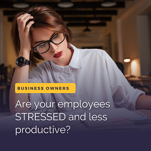 An image of a woman scratching her head with the text "are your employees stressed and less productive?" Anxiety treatment can help ease stress. Contact an anxiety therapist in Fair Oaks, CA today.