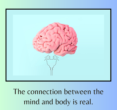 A graphic of a brain with an electric plug and the text “the connection between the mind and body is real”. Learn how a therapist in Fair Oaks, CA can offer support in improving your mind-body connection and addressing PTSD in Roseville, CA.