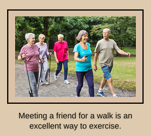 A group of older adults walks together on a trail with walking sticks and the text “meeting a friend for a walk is an excellent way to exercise”. Learn how an anxiety therapist in Fair oaks, CA can offer support in addressing anxiety.