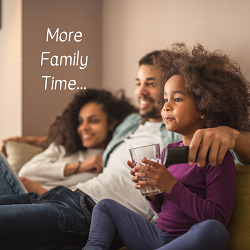 A family of three sit with one another as they watch TV. The text “more family time” sits in front of them. Anxiety treatment in Roseville, CA can offer support in overcoming pandemic stress. Learn more from counseling in Roseville, CA
