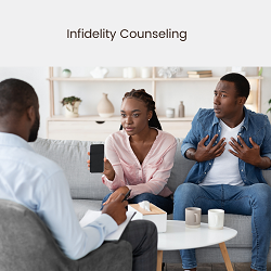 A woman shows a therapist a phone while her partner appears shocked. This could symbolize relationship mistrust that an infidelity counselor in Roseville, CA can address. Learn more about infidelity counseling in Roseville, CA and other services.
