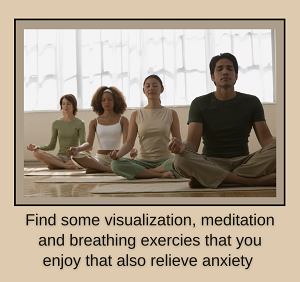 A group of people meditates on mats with the text “find some visualization, meditation and breathing exercises that you enjoy that also relieve anxiety”. Learn how an anxiety therapist in Fair Oaks, CA can offer support in overcoming stress.