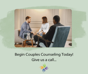 Begin Couples Counseling Today! Give us a call... Image of happy couple in a therapist office. If you are seeking couples counseling, we offer online and in person sessions at the Relationship Therapy Center with offices in Roseville and Fairoaks California.
