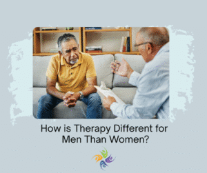 How is Therapy Different for Men Than Women? Image of mn sitting on couch bending forward to talk to a male therapist.  The Relationship Therapy has male therapists and we offer men's therapy in Roseville, CA and Fair Oaks, CA and online. 