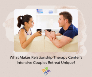 What Makes Relationship Therapy Center’s Intensive Couples Retreat Unique? Couple sitting on a couch facing each other with cups of coffee. Relationship Therapy Center has locations in Roseville and Fairoaks, California where we specialize in couples counseling with Gottman Trained Licensed Therapists.