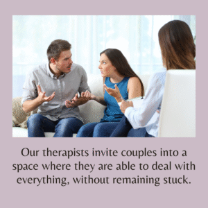 Our therapists invite couples into a space where they are able to deal with everything, without remaining stuck. Image of couple talking in a therapist office. For couples counseling contact The Relationship Therapy Center in Roseville and Fair Oaks California.