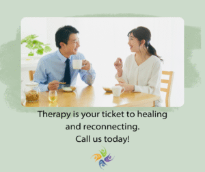 Therapy is your ticket to healing and reconnecting. Call us today! Image of a couple sitting on a couch talking in a therapist's office. For couples counseling contact The Relationship Therapy Center in Roseville and Fair Oaks California. 