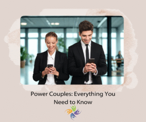Power Couples: Everything You Need to Know. Image of a couple wearing suites and looking at their phones in a corporate office. For couples counseling contact The Relationship Therapy Center in Roseville and Fair Oaks California.