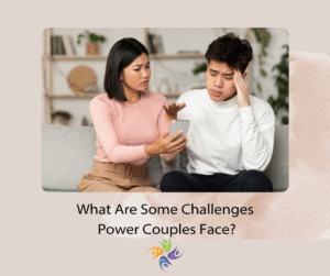 What Are Some Challenges Power Couples Face? Couple sitting on a couch with  woman showing a man something on a cell phone, he has a hand to hes temple. For couples counseling contact The Relationship Therapy Center in Roseville and Fair Oaks California.