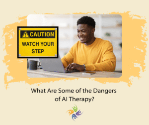 What Are Some of the Dangers of AI Therapy? Image of a smiling man at a laptop with a 