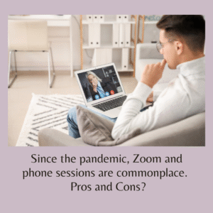 Since the pandemic, Zoom and phone sessions are commonplace.   Pros and Cons? Image of a man on a zoom therapy session,  For online or in person counseling, contact The Relationship Therapy Center in Roseville and Fair Oaks California.