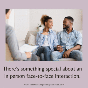 There’s something special about an in person face-to-face interaction. Image of a man and woman in a therapy session, in person with a therapist,  For online or in person counseling, contact The Relationship Therapy Center in Roseville and Fair Oaks California.