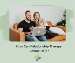 How Can Relationship Therapy Online Help?  Image of a couple sitting on a couch at home and talking to a therapist online.  For online couples counseling contact The Relationship Therapy Center in Roseville and Fair Oaks in California and Washington