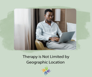 Therapy is Not Limited by Geographic Location . Image of man in a hotel room in a couples therapy session on a laptop. For online couples counseling contact The Relationship Therapy Center in Roseville and Fair Oaks in California and Washington state.