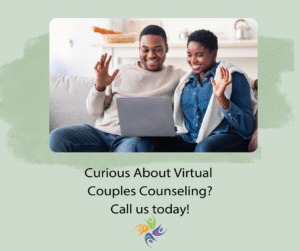 Curious About Virtual Couples Counseling? Call us today! Image of a happy couple sitting on a couch talking to a therapist on a laptop.  For online couples counseling contact The Relationship Therapy Center in Roseville and Fair Oaks in California and Washington state.
