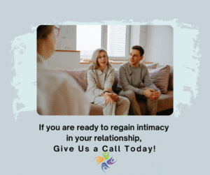 If you are ready to regain intimacy in your relationship, Give Us a Call Today!  Image of a couple sitting together in a therapist office and talking to a therapist. For couples counseling and intimacy therapy contact The Relationship Therapy Center in Roseville and Fair Oak