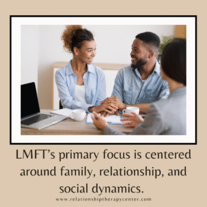 Licensed Marriage and Family Therapist (LMFT). LMFT’s primary focus is centered around family, relationship, and social dynamics. For individual or couples counseling, contact The Relationship Therapy Center in Roseville and Fair Oaks California.