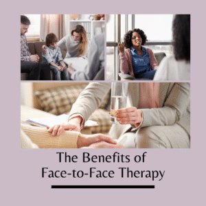 The Benefits of Face-to-Face Therapy. Three images, one of a couple meeting with a therapist, one of an individual meeting with a therapist and the third of a person having an online therapy sessin. For individual or couples counseling, contact The Relationship Therapy Center in Roseville and Fair Oaks California. 
