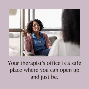 Your therapist’s office is a safe place where you can open up and just be.  Image of woman meeting in an office with a therapist. For individual or couples counseling, contact The Relationship Therapy Center in Roseville and Fair Oaks California.
