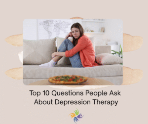 Top 10 Questions People Ask About Depression Therapy Image of sad woman sitting on a couch with arms wrapped around her knees. For depression therapy, both in-person and online, contact The Relationship Therapy Center in Roseville and Fair Oaks California.