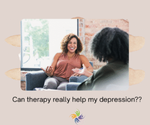 Can therapy really help my depression? Image of a woman sitting in a therapist office talking to a therapist. For depression therapy, both in-person and online, contact The Relationship Therapy Center in Roseville and Fair Oaks California.