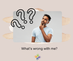 What’s wrong with me? Image of man thinking with 3 question marks in the air by him. For depression therapy, both in-person and online, contact The Relationship Therapy Center in the greater Sacramento area.