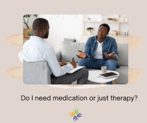 Do I need medication or just therapy? Image of a man sitting on a couch facing a therapist and asking questions about medication and depression treatment. For depression therapy, both in-person and online, contact The Relationship Therapy Center in the greater Sacramento area.
