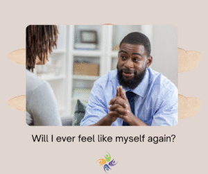Will I ever feel like myself again? Image of a man, with a serious expression on his face, asking a therapist about his depression. For depression therapy, both in-person and online, contact The Relationship Therapy Center in Roseville and Fair Oaks California.