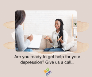 Are you ready to get help for your depression? Give us a call... Image of a smiling woman talking to a therapist who is writing some notes on a notepad. For depression therapy, both in-person and online, contact The Relationship Therapy Center in Roseville and Fair Oaks California.