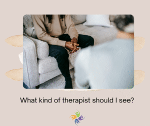 What kind of therapist should I see? Man sitting on a couch with his hands clasped together, talking to a therapist in an office. For trauma therapy, both in-person and online, contact The Relationship Therapy Center in Roseville and Fair Oaks California.