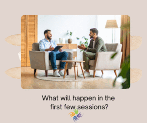  What will happen in the first few sessions? Man sitting in a chair, talking to a therapist in an office. The therapist is taking notes on an electronic notepad. For trauma therapy, both in-person and online, contact The Relationship Therapy Center in Roseville and Fair Oaks California.