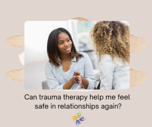 Can trauma therapy help me feel safe in relationships again? Image of a woman sitting on a chair asking a question while talking to a therapist in an office.  For trauma therapy, both in-person and online, contact The Relationship Therapy Center in Roseville and Fair Oaks California.