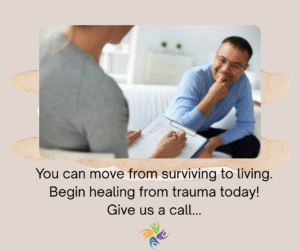 You can move from surviving to living. Begin healing from trauma today! Give us a call... Image of a Man sitting on a couch, talking to a therapist in an office.  For trauma therapy, both in-person and online, contact The Relationship Therapy Center in Roseville and Fair Oaks California.