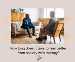 How long does it take to feel better from anxiety with therapy? Image of a man talking to a therapist in a therapist's office. For anxiety therapy, both in-person and online, contact The Relationship Therapy Center in Sacramento, Roseville and Fair Oaks California.