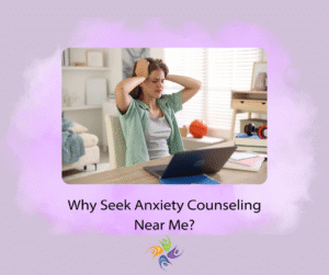 Why Seek Anxiety Counseling Near Me? Image of a woman holding her head while sitting at her desk.   For anxiety treatment and individual counseling contact The Relationship Therapy Center in Roseville and Fair Oaks California.