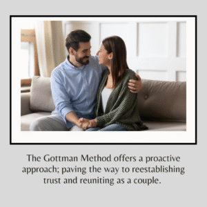 The Gottman Method offers a proactive approach; paving the way to reestablishing trust and reuniting as a couple.  Image of a couple smiling at each other and sitting on a couch.  For a Gottman trained couples therapist contact The Relationship Therapy Center in Roseville and Fair Oaks California.