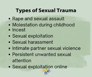Types of Sexual Trauma - Image - list of types of trauma If you have experienced any kind of trauma, including sexual trauma, we have experienced therapists to assist you with your healing journey. We have offices in the Sacramento area, including Roseville and Fair Oaks, California. We also offer online therapy in California, Washington and Idaho. Contact us at The Relationship Therapy Center today.