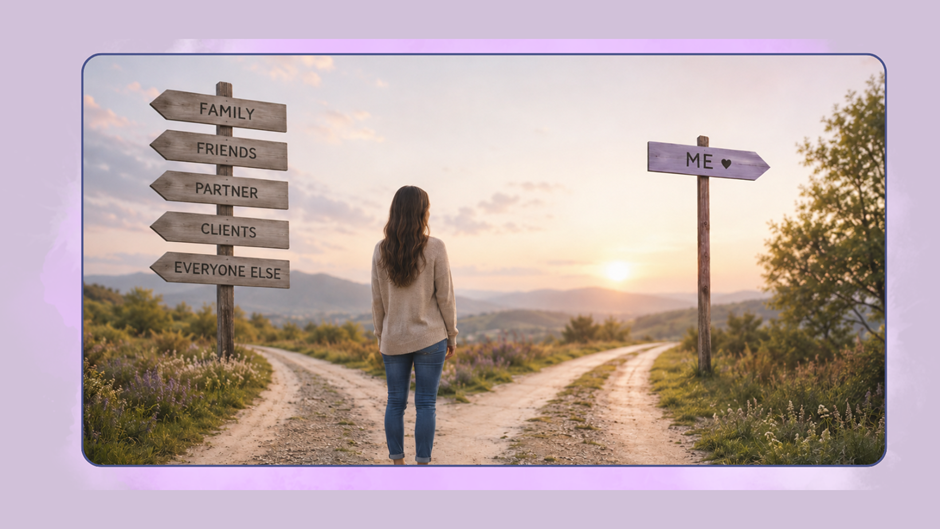 The Pitfalls of People Pleasing (and how therapy can help…)Image of a woman standing at a crossroads on a country path at sunset, facing a choice between signs pointing toward family, friends, partner, clients, and everyone else, while a separate sign points toward herself. Symbolizes the struggle people pleasers face when prioritizing their own needs over the needs of others. For individual therapy and healing therapy, the Relationship Therapy Center offers online therapy and in person therapy in Roseville and Fair Oaks California.  