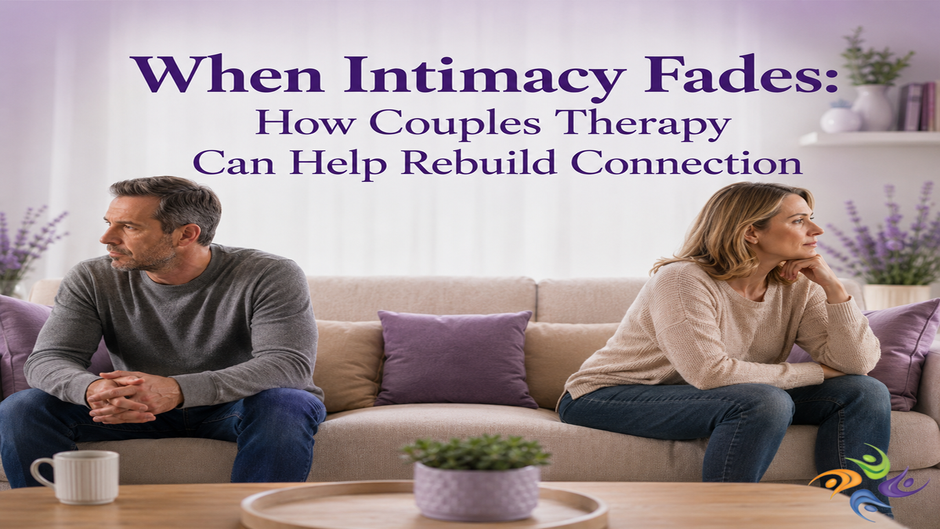 When Intimacy Fades: How Couples Therapy Can Help Rebuild Connection A husband and wife sit apart on a couch, looking away from one another, illustrating emotional distance and the loss of intimacy in marriage. The image represents couples struggling with disconnection and seeking hope through couples therapy. For couples therapy and healing therapy, the Relationship Therapy Center offers online therapy and in person therapy in Roseville, Davis and Fair Oaks California.