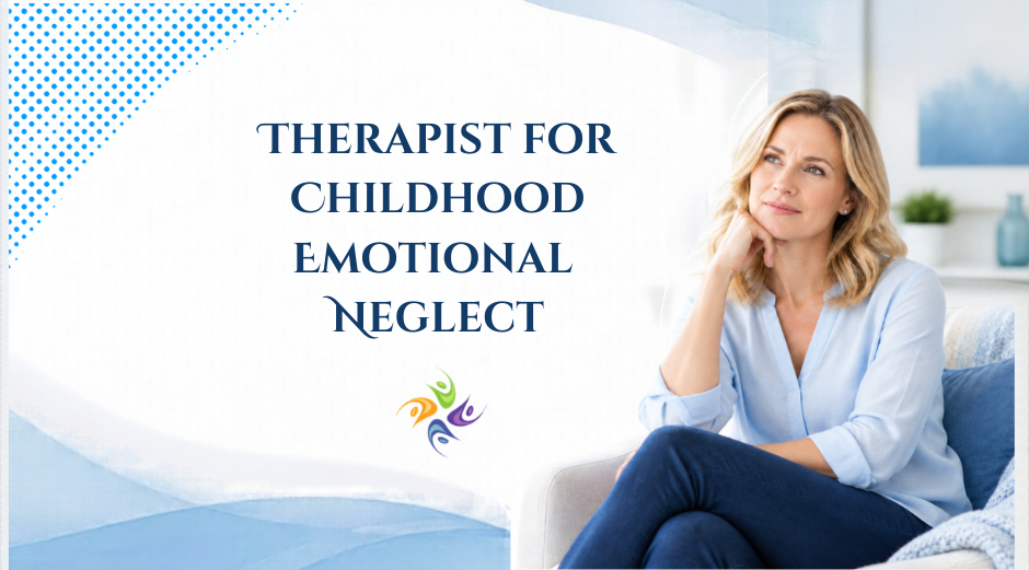 Therapist for Childhood Emotional Neglect A thoughtful blonde woman in her 40s wearing a light blue blouse sits on a sofa, reflecting peacefully. The image features a white background, soft blue waves, blue dotted accents, and the heading “Therapy for Childhood Emotional Neglect.” For Individual and Childhood Emotional Neglect therapy, the Relationship Therapy Center offers online therapy and in person therapy in Roseville, Davis and Fair Oaks California.